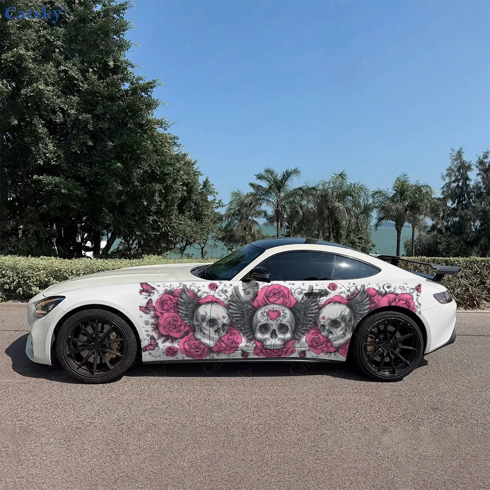 2pcs Vines Scroll Winged Skulls Car Side Wraps, Self-Adhesive PVC Waterproof & Scratch-Resistant Stickers, Car Accessory Gift