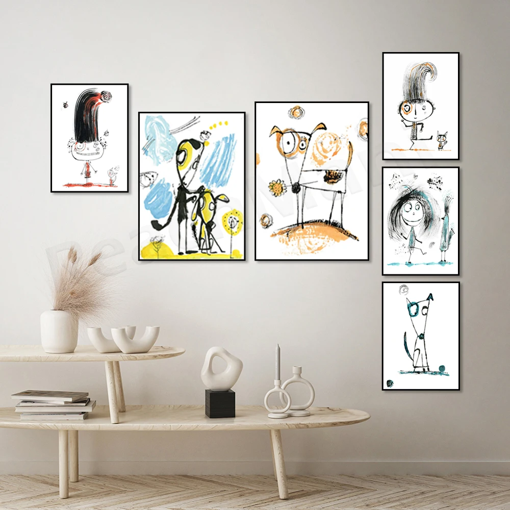 Wacky dog, dog on skateboard, whimsical girl boy art, ballet dancer, girl and bird, whimsical animal art, eclectic poster