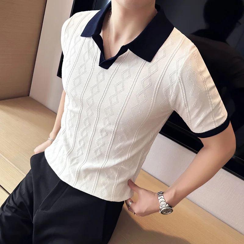 Men\'s Clothing Luxury Knit Polo Shirt Casual Striped Button Down Solid Color Short Sleeve T-Shirt for Men Breathable S-3XL