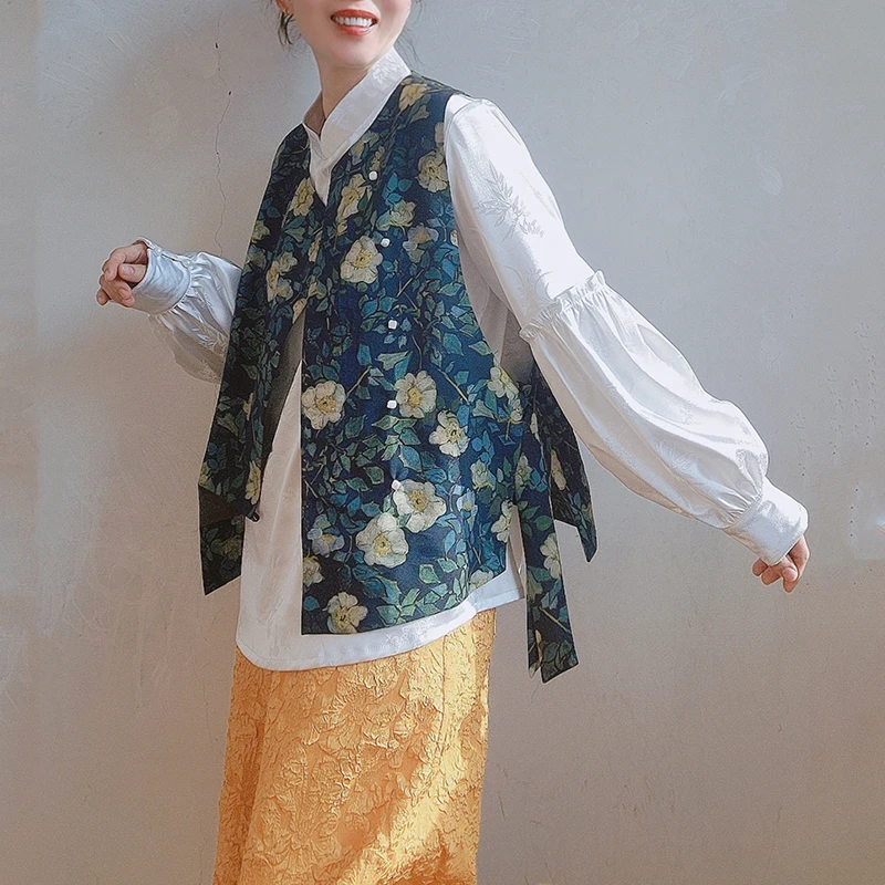 

Van Gogh Rose New Chinese Sle Loose round Ne Printed Silk Cotton Vest Spring Summer Faion Women's Tank Top