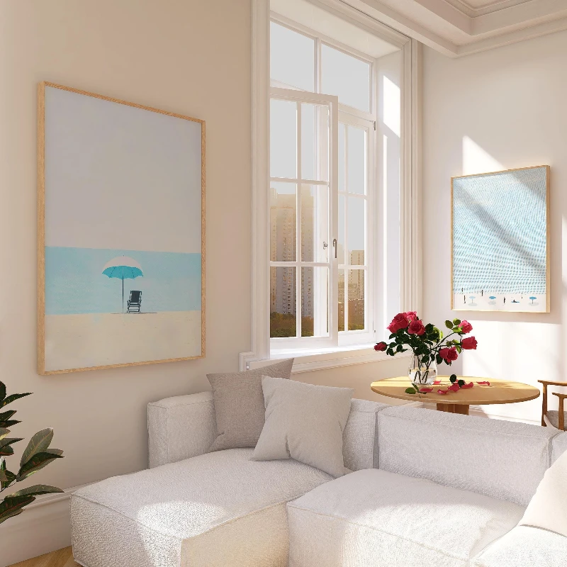 2pcs Beach Umbrella and Frameless Beach Poster; Blue Beach and Seascape Aerial View Canvas Print; Home Living Room Decor