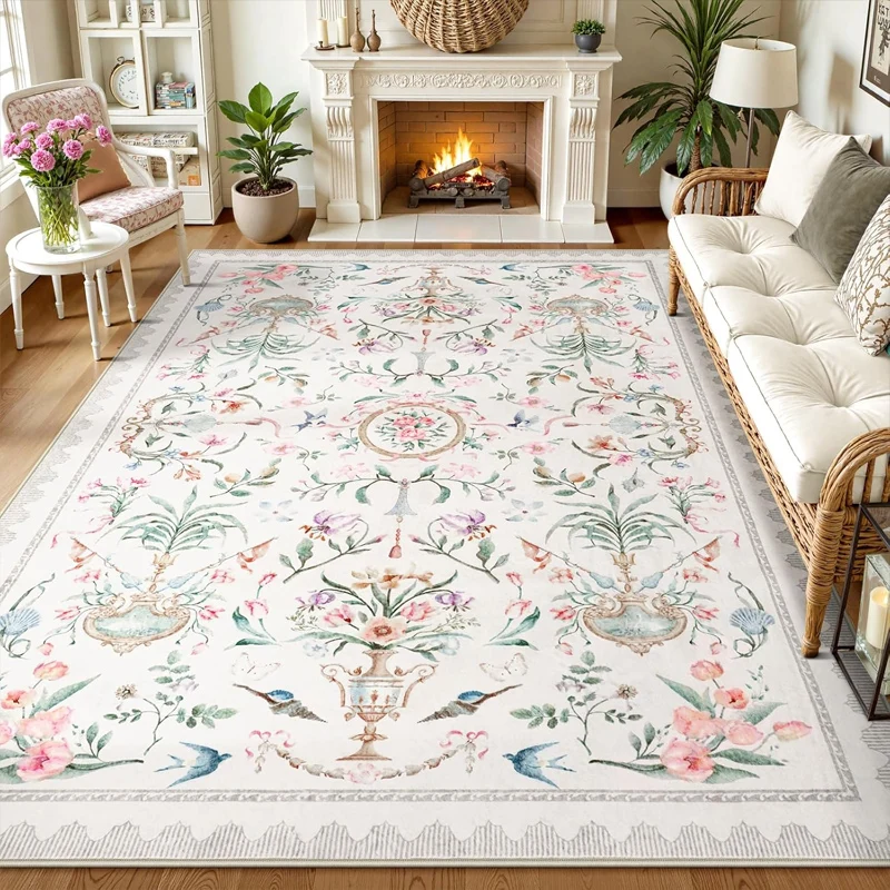 

Living Room Carpet Botanical Birds Machine Washable Bedroom Floor Mat Home Decor Non Slip Soft Low Pile Boho Home Office Rug
