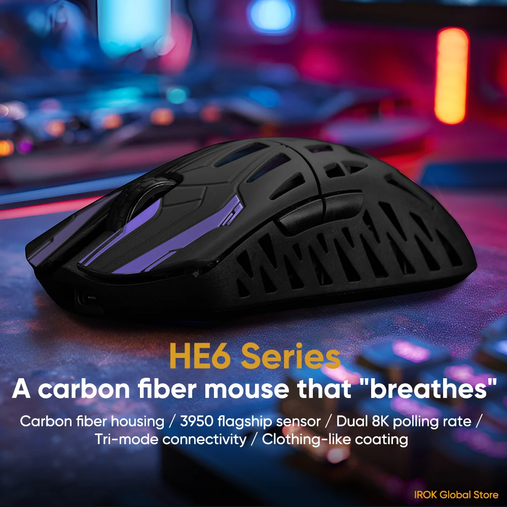 IROK HE6 Ultra Wireless Gaming Mouse PAW3950 Dual 8K Carbon fiber shell 500mAh Battery BT 2.4G Wired FPS Gamer Mouse PC Gifts