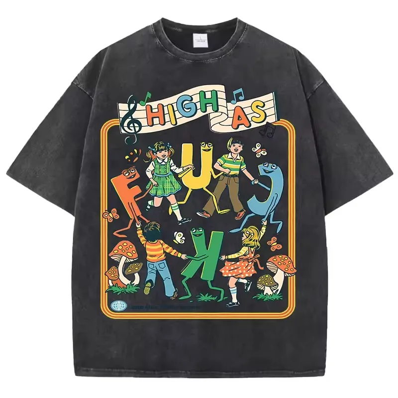 Happy Playing Children Pattern Retro T-Shirt Men Summer Soft Clothing Trendy Crewneck Washed Tops Oversize Cotton Streetwear