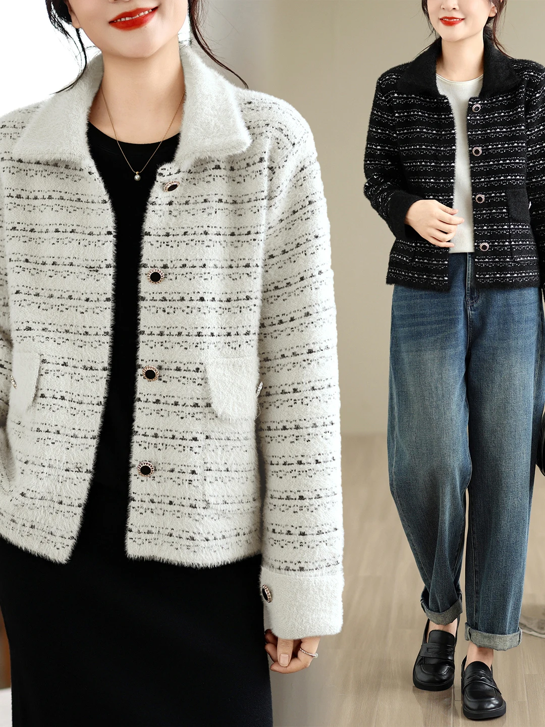 Shortened  Style Sweater Fake  Velvet Flip Collar Women's Jacket Coat Buttoning Front Winter Fashion Ladies' Coat