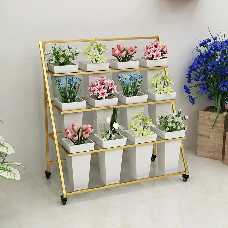 Stall folding movable ladder multi-layer flower stand wrought iron lower bucket display