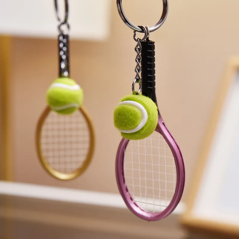 Promotion Gift 3D Mini Tennis Ball Racket Keychain Cute Simulation Keyring Bag Key Charms