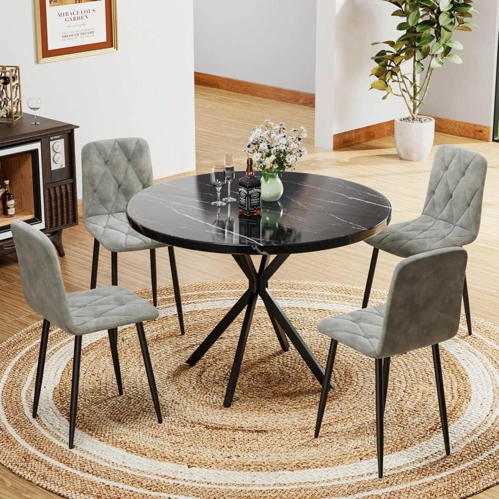 Suitable for 4 People, 39 Inch Round Kitchen Dining Table Set, Equipped with 4 Soft Velvet Chairs, Saving Space