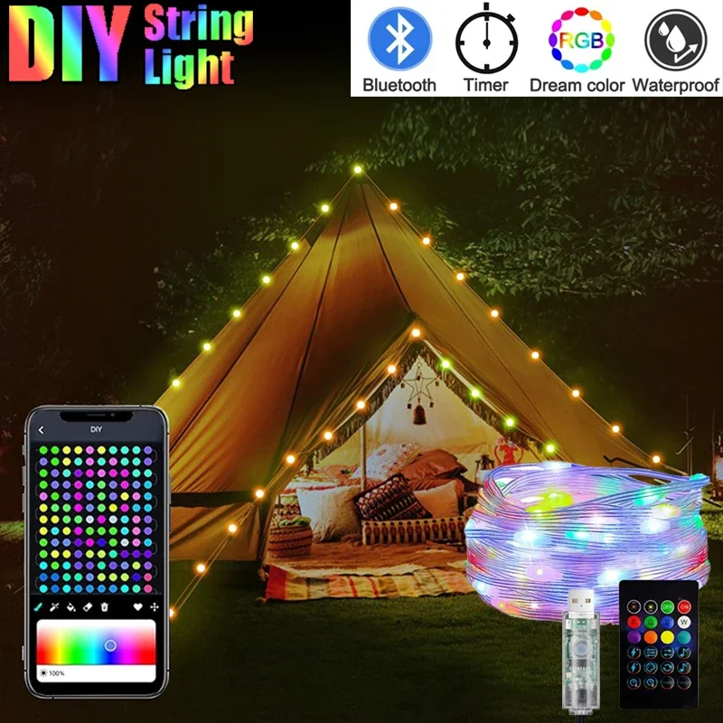 Diy luz corda rbgic decorações luzes bluetooth conectar app contronl luzes da corda decoração do quarto para chirsmas feriado de ano novo