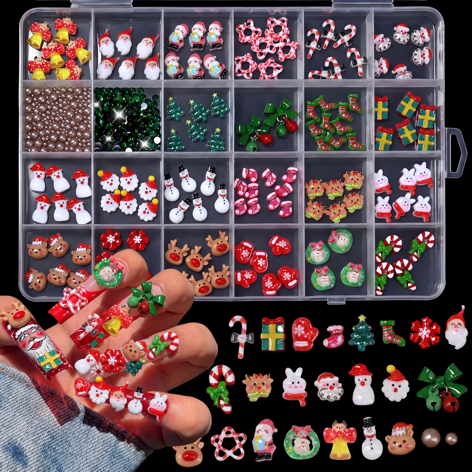 1Box 3D Christmas Nail Decor Santa Xmas Tree Gift Sock Snowflake Nail Charm Rhinestone & Beads For Manicure Holiday Festival Use