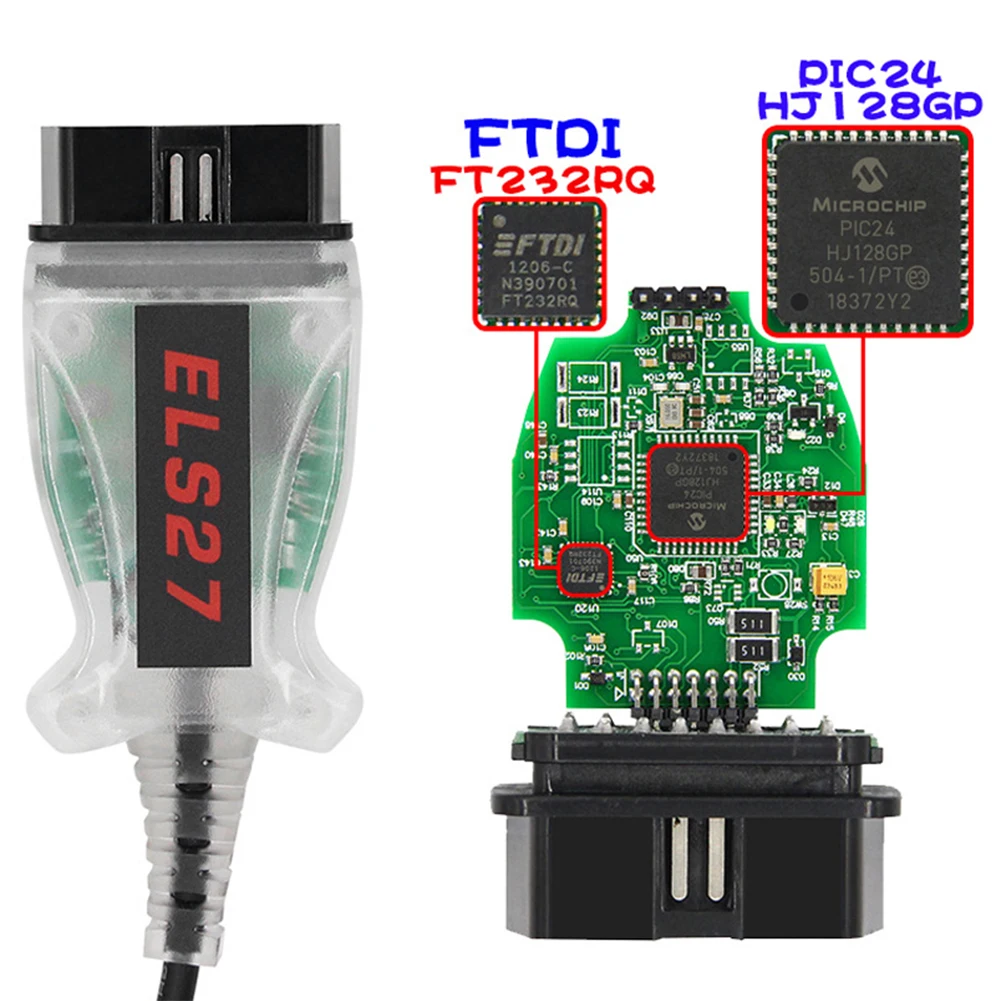 

ELS27 V2.3.8 OBD2 Forscan, зеленая печатная плата PIC24HJ128GP + FTDI, микрочип, многоязычное устройство считывания кодов автомобиля, кабель для Ford Focus Mk1