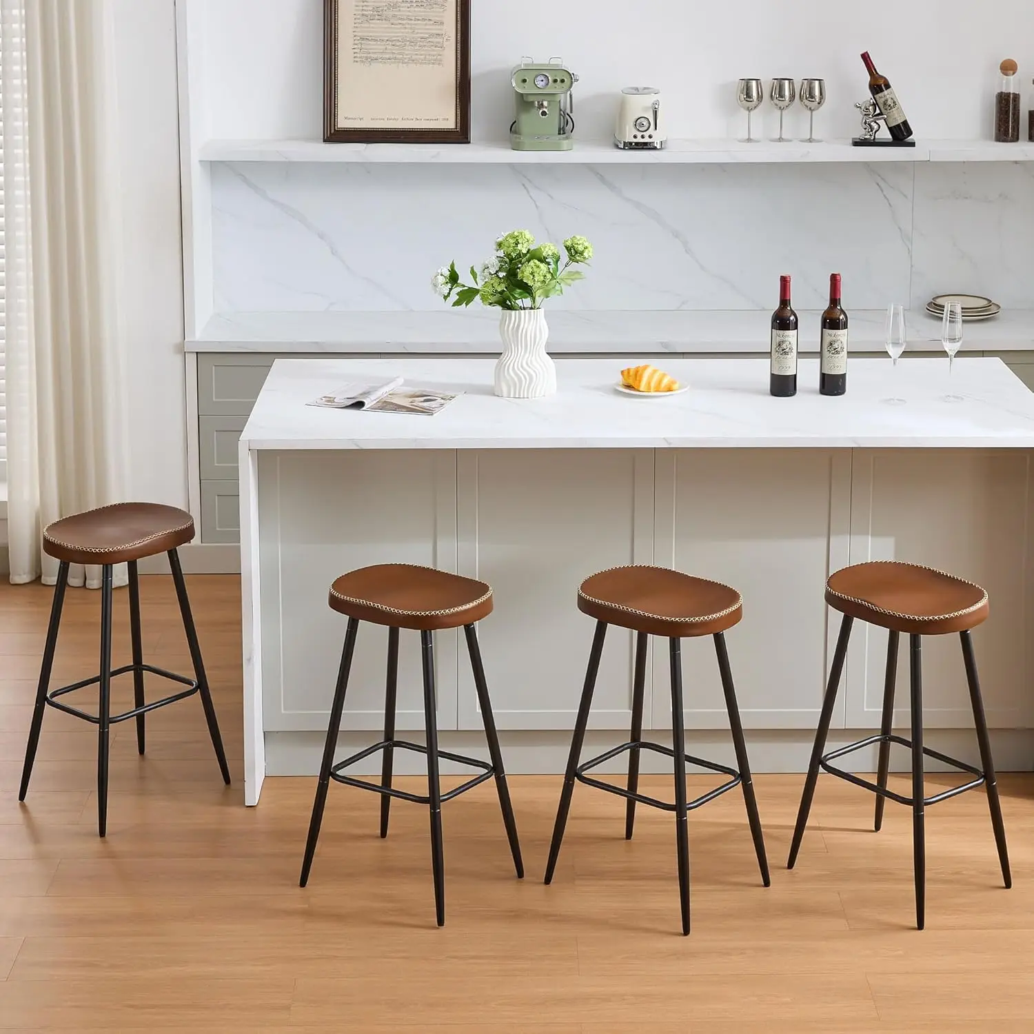 Bar Stools Set of 4, Modern Brown Faux Leather Back, 28' Kitchen Island Stools (4 PCS)