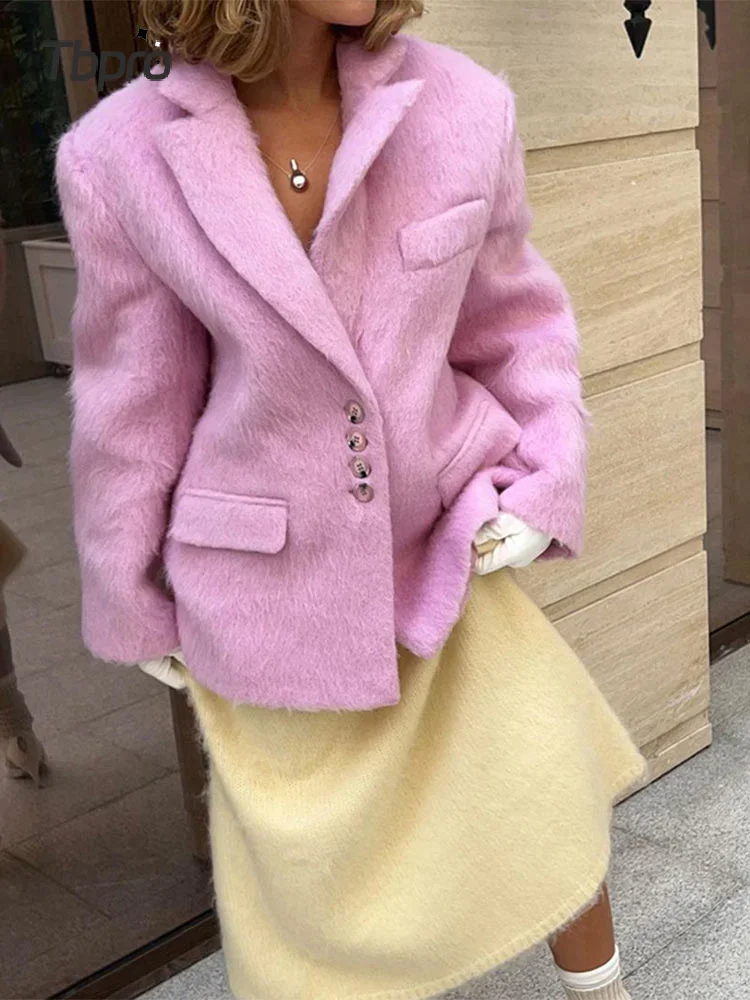 Fashion Pink Lapel Long Sleeves Women Blazer Jacket Warm Thick Single Breasted Loose Outwear Office Lady Commute Streetwear