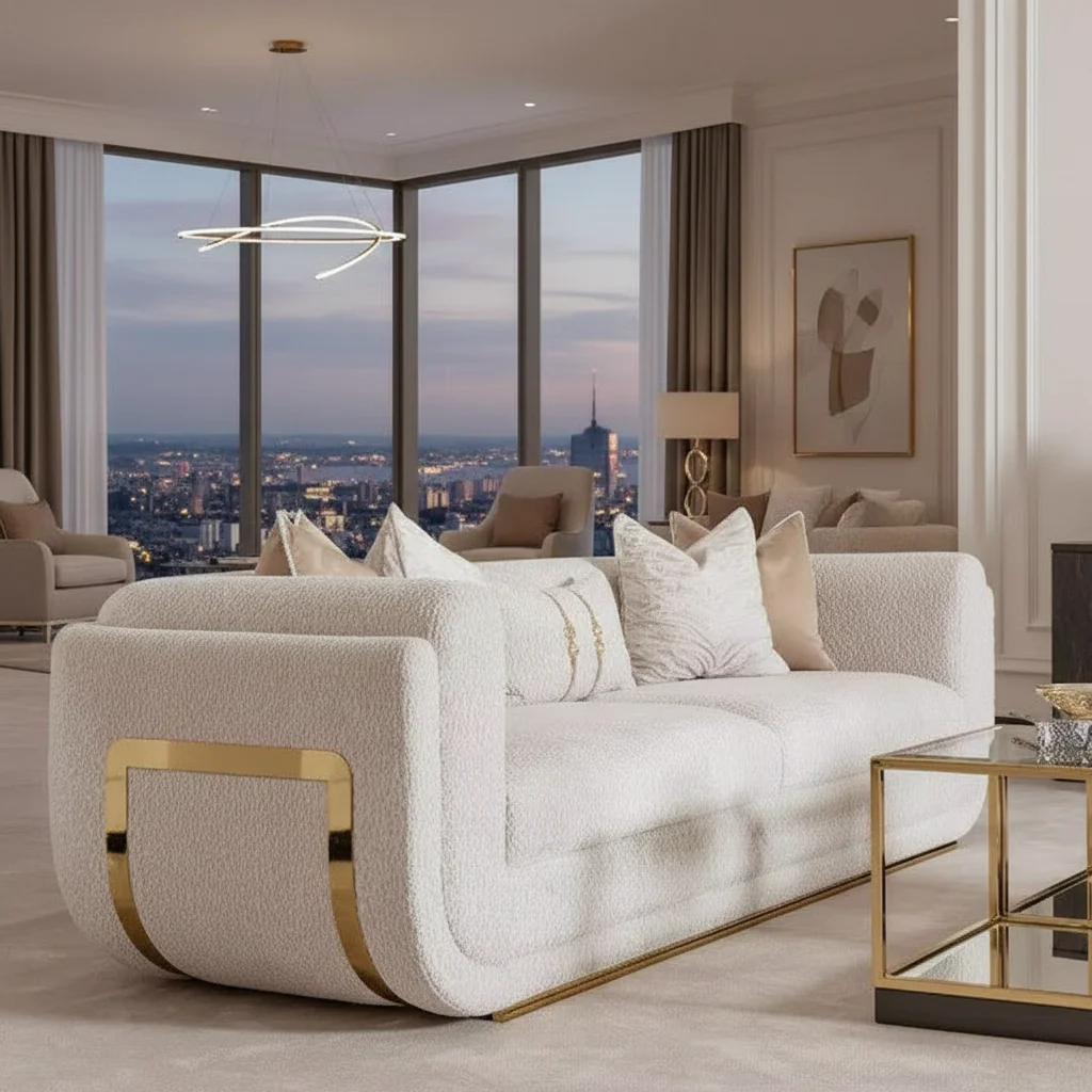 #   Salon-Sofa mit Samtbezug und goldenem Edelstahl-Dekor für Villa-Wohnzimmer