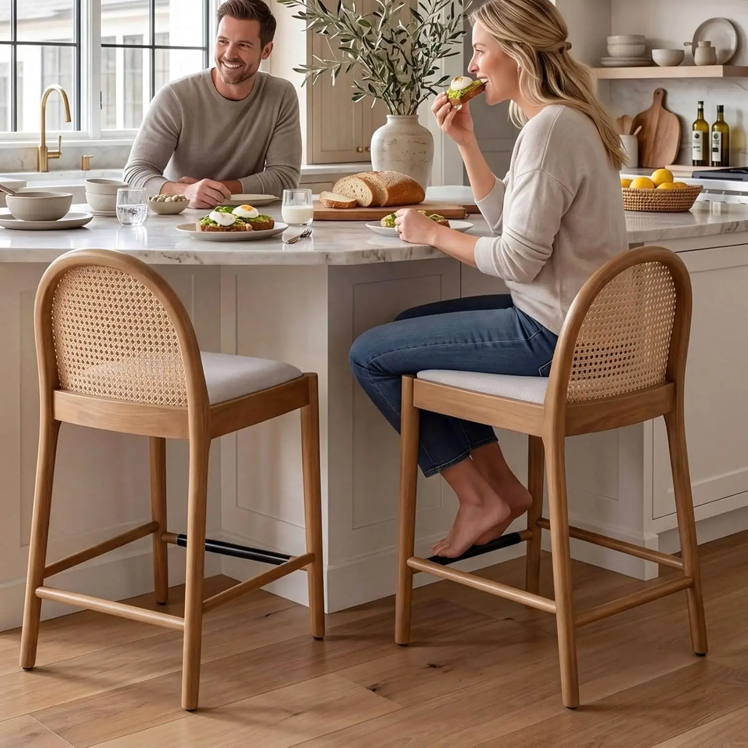 Beige Rattan Counter Stool 2pc, 26 Inch Wooden Linen Bar Stool With Oval Backrest, Armless Kitchen Island Chair, Customized
