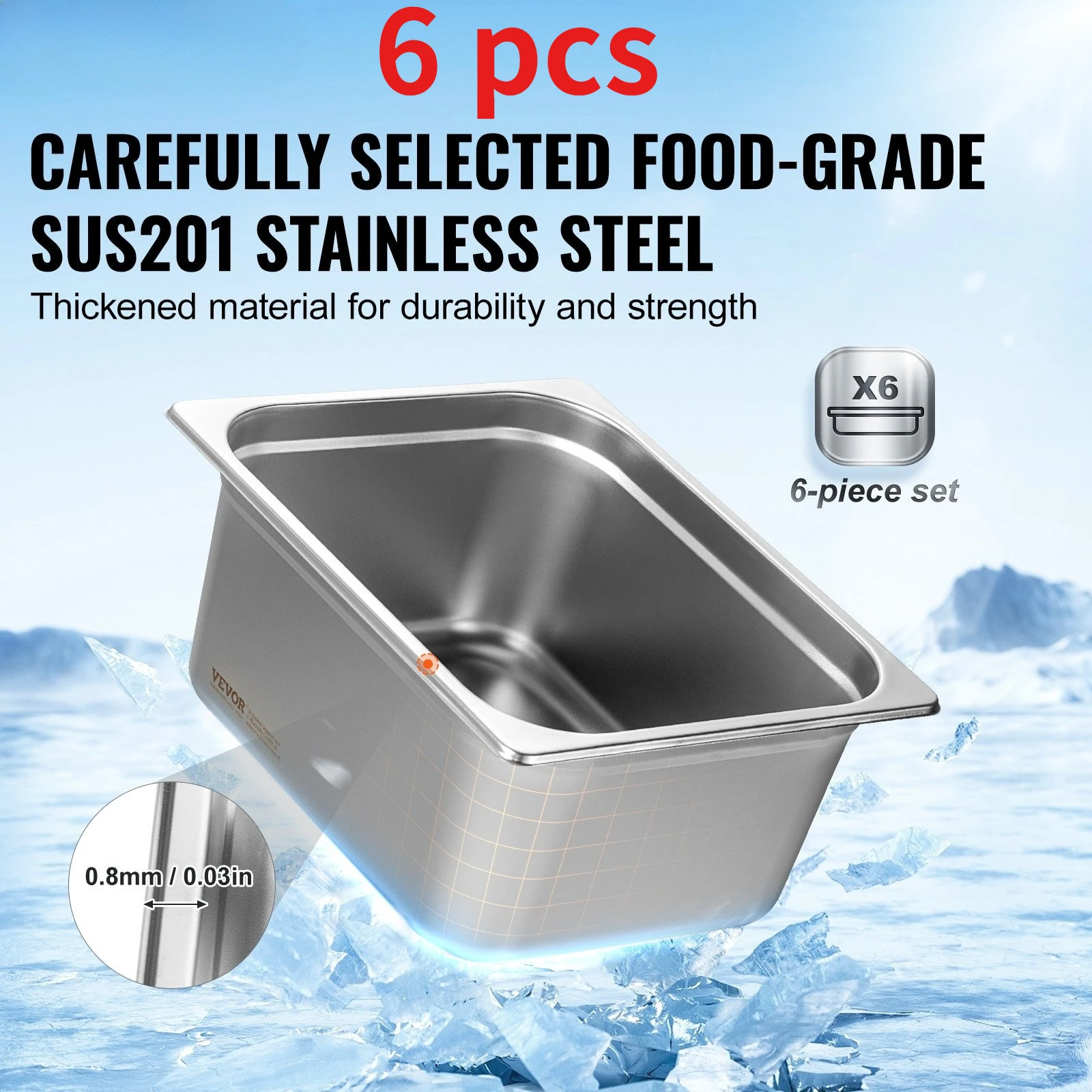 

6 Pack Hotel Pans, 1/2 Size Anti-Jam Steam Pan, 0.8mm Thick Stainless Steel Restaurant Steam Table Pan, 6-Inch Deep Commercial Table Pan, Catering Storage Food Pan, For Industrial & Scientific