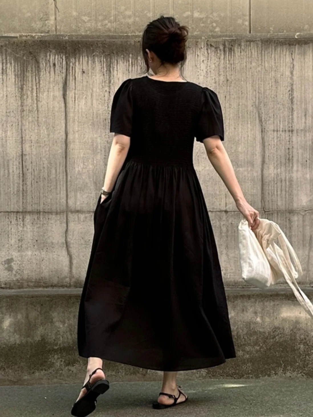 Retro semplice giuntura pieghettata ort Sve Dr donna estate nuova vita coreana cinching colore lungo Dr