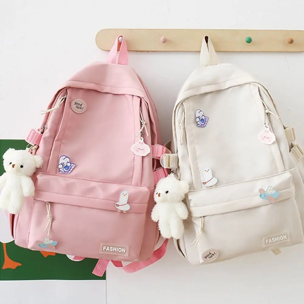 Presente urso pingente cor sólida mochila crachá estilo coreano estudantes saco de escola bolsa de armazenamento bolsa de ombro estudantes