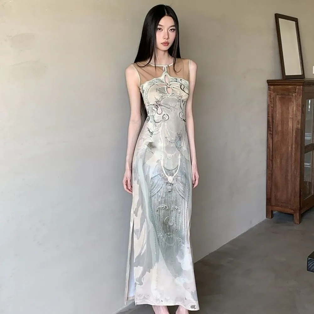 만다라 미스틱 드레스 크로스 플라워 메쉬 스플라이스드 홀로우 아웃 타라 프린트 미디 드레스 아티산 보헤미안 위스퍼 코티지코어 트랜퀼리티