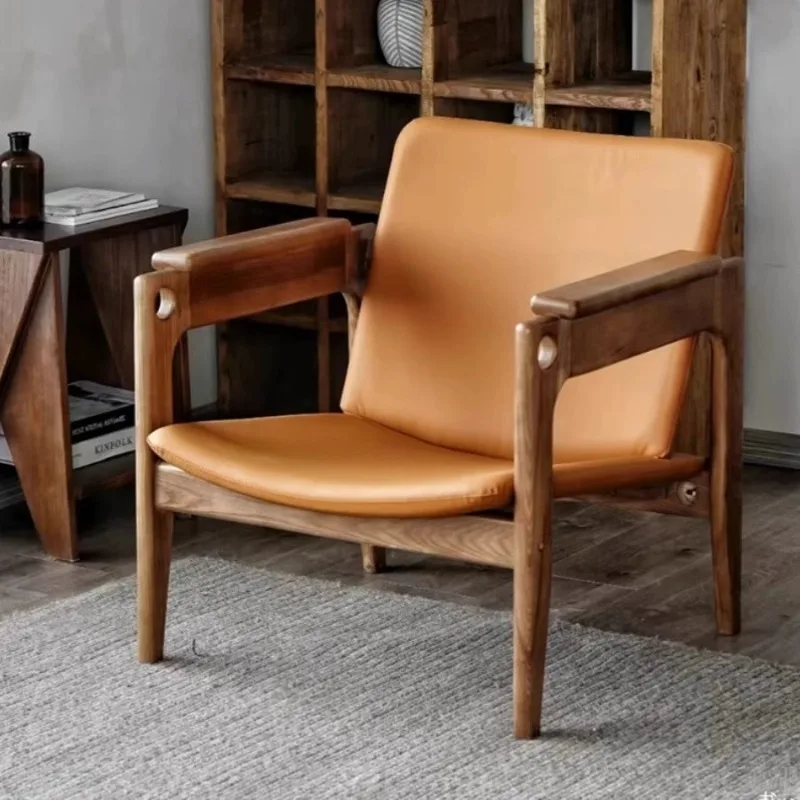 Nordic Solid Wood Casual Single Sofa Chair Retro Home Balcony Simple Lazy Backrest