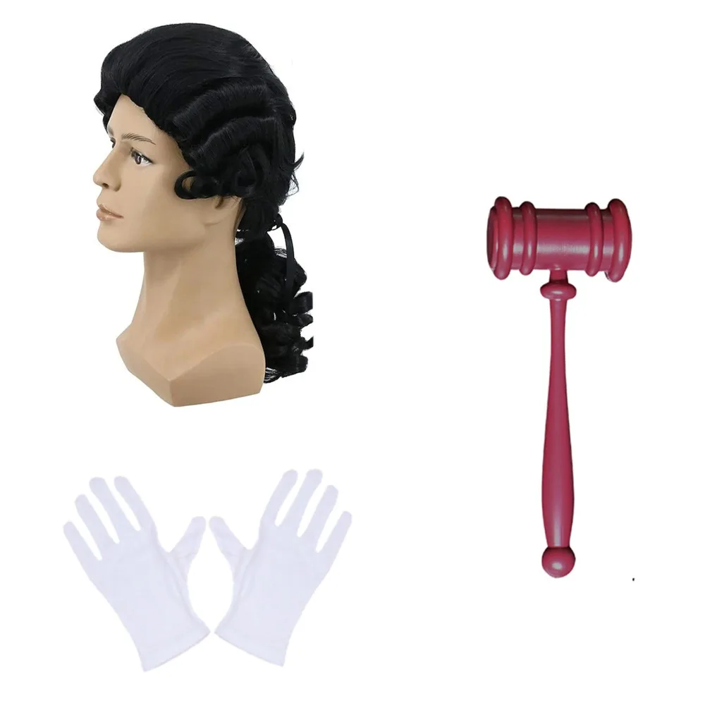 

PESENAR Judge Cosplay Set: Vintage Black Wig + Red Mallet + White Gloves Perfect for Court-Themed Party Shows.