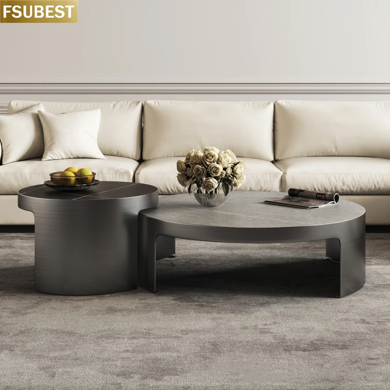 

Luxury Stainless Steel Round Marble Designer Coffee Table Set Center Table For Living Room Mesa Auxiliar Sofa