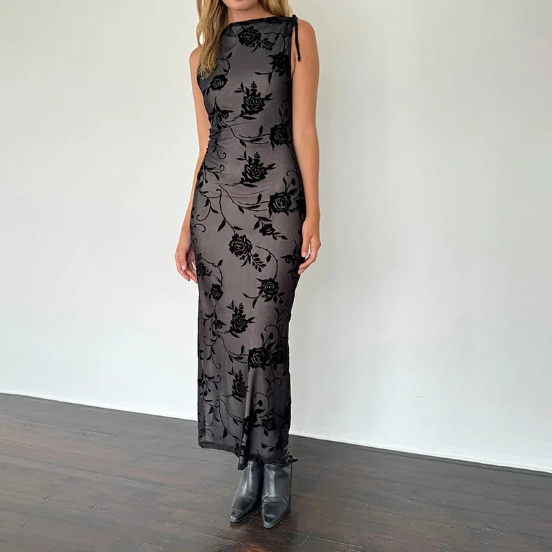 Vintage Black Embroidery Pleated Straight Dress Elegant Sheer O Neck Ankle-Length Dress Women Summer Casual Lace Up Long Dress