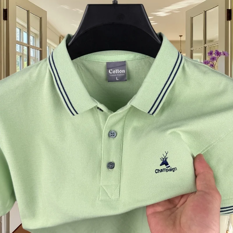 100% pure cotton high-end brand men's short sleeved polo shirt summer fashion striped deer head embroidery golf  casual T-shirt