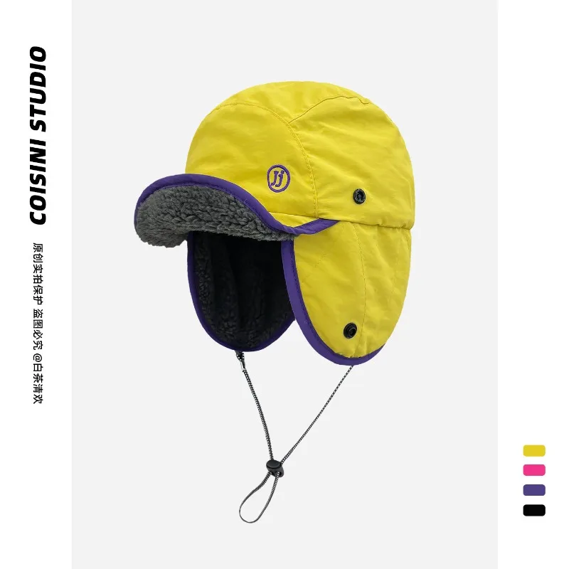 New Contrasting Color Ear Protection Baseball Cap for Men and Women Winter Plus Velvet Warm Outdoor Cycling Lace-up Bomber Hats