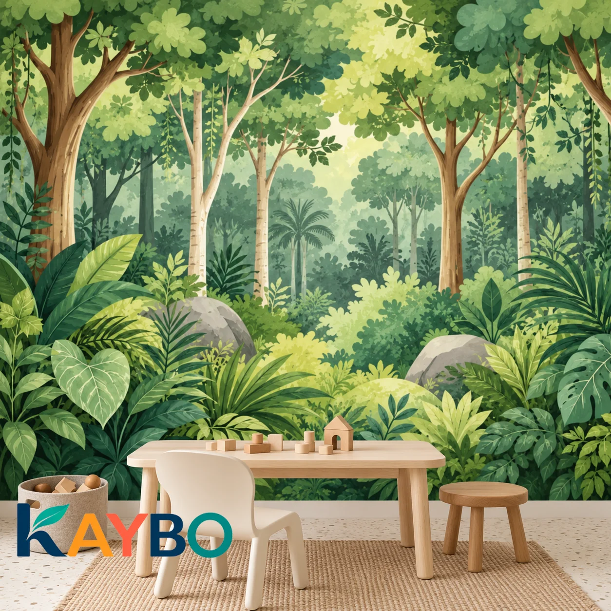 Jungle Wallpaper Mural Tropical Rainforest Painted Trees Botanical Leaves Wall Decor for Kids Bedroom Playroom Non Self Adhesive