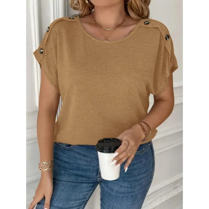 

Большие размеры 1XL-5XL, новая женская повседневная однотонная футболка, топы, женская модная универсальная футболка на пуговицах с круглым вырезом