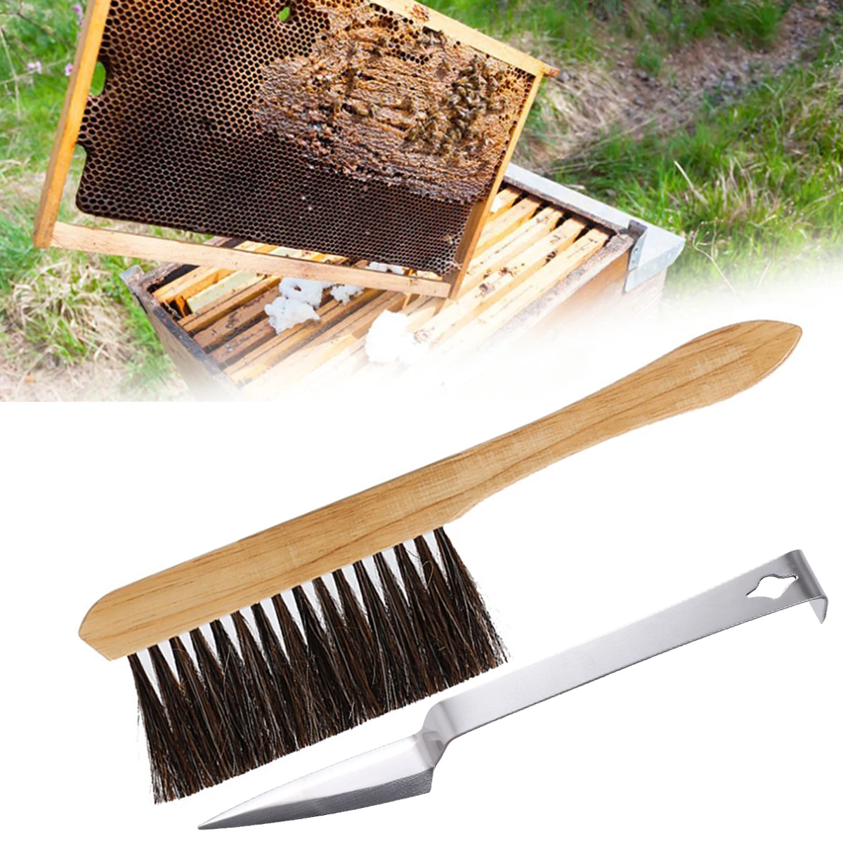 Z-Shaped Stainless Steel Scraper and Soft Horsehair Wood Handle Bee-chasing Brush Professional Beekeeping Tools 1Pc