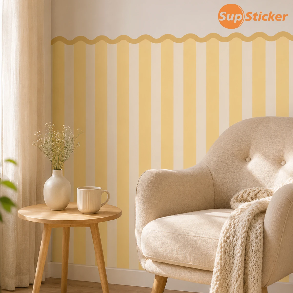 Peel & Stick Half Wall Panel, Sand Texture Vertical Stripes, Scalloped Top, 45x90cm/17.7x35.4in, 3 Color Options