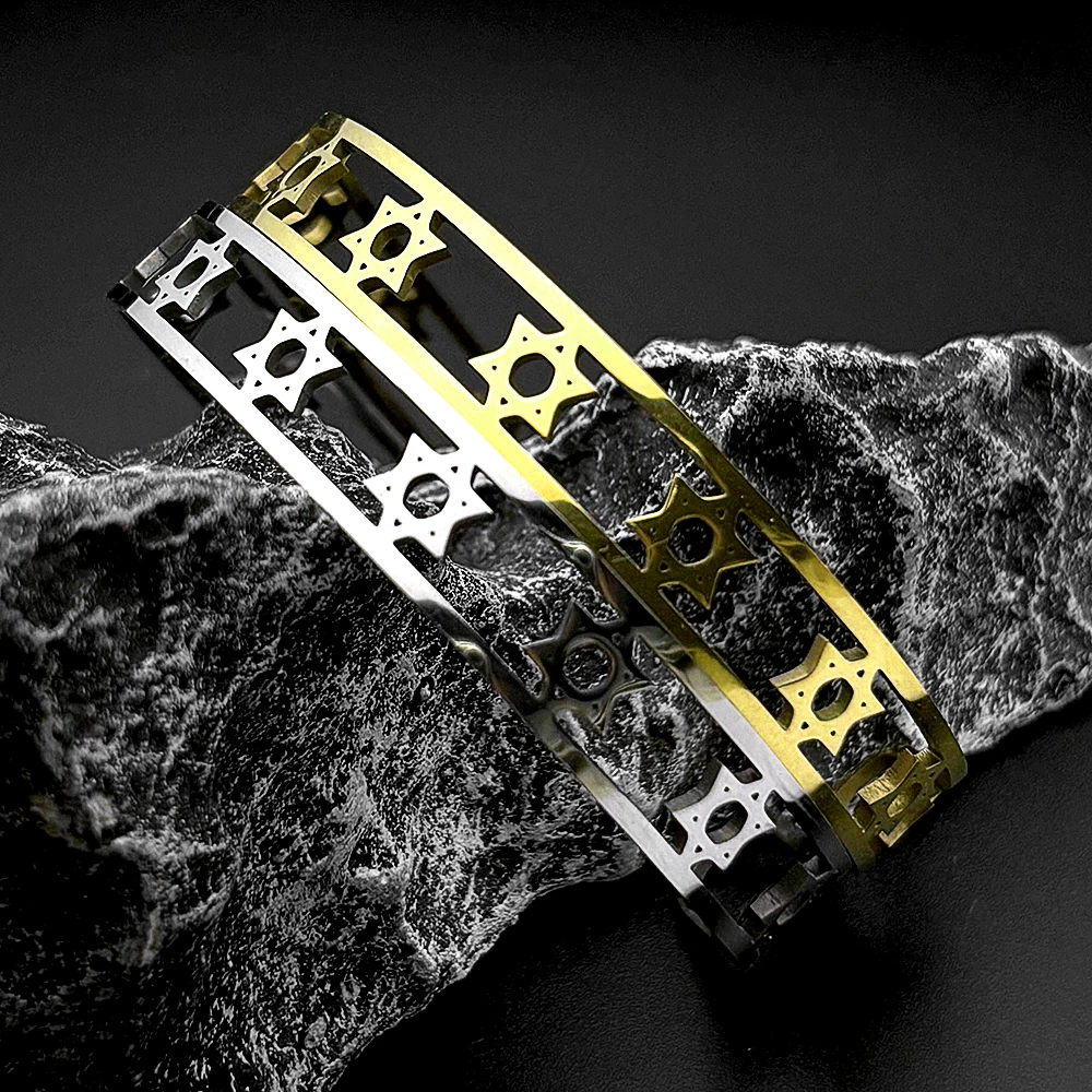 Israel Hexagram Jewish Magen David Stainless Steel Cuff Bracelet for Women Men Star of David Adjustable Open Bangles Jewelry