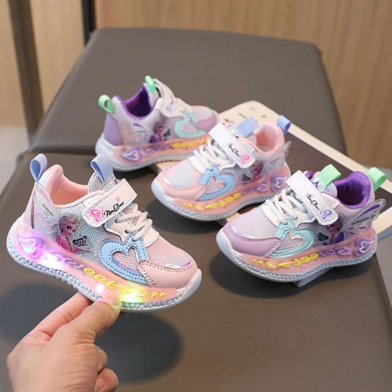 Brand Kids Girls Shoes Led Lights 2024 New Children Sneakers Girls Elsa Frozen Princess Casual Sport Shoes Baby Anti-slip Shoes