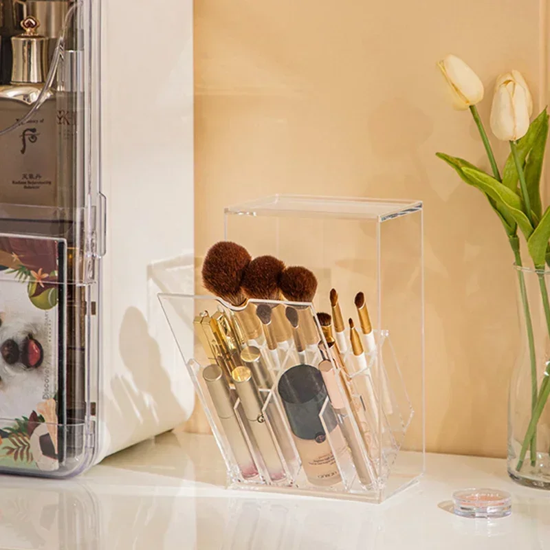 Clear Cosmetic Brush Storage Box Makeup Brush Holder with Lid Large-Capacity Cosmetic Holder Pen Slant Lipstick Desk Container