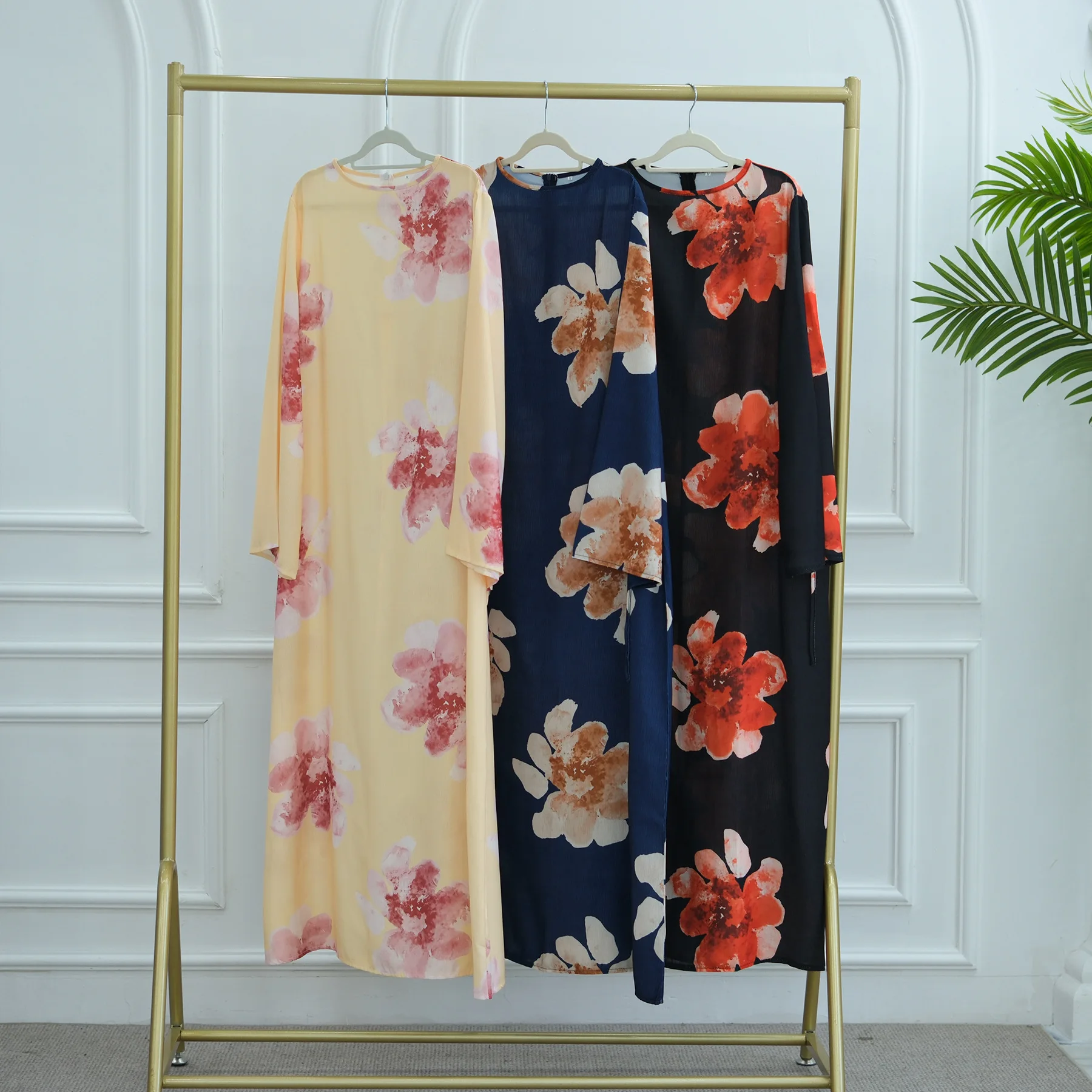 

Elegant Floral Dress Waist-Cinched Ankle-Length Printed Long Dresses Muslim Abaya Dubai Kaftan Islam Vestidos Caftan Party Gown