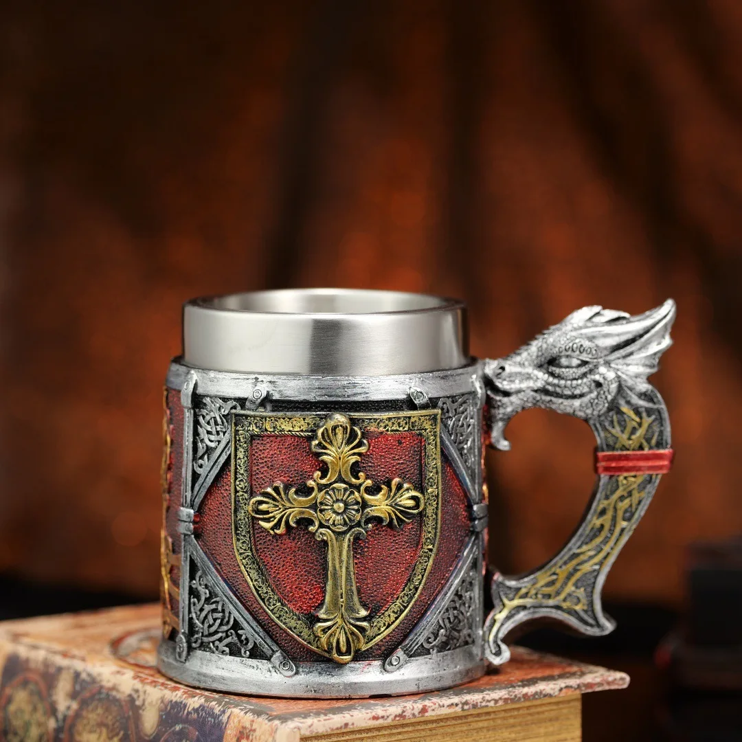 3D Sculpted Dragon Handle Beer Mug Medieval Knight Pattern Tankard Stainless Steel Interior Cup for Home Bar Party Decor