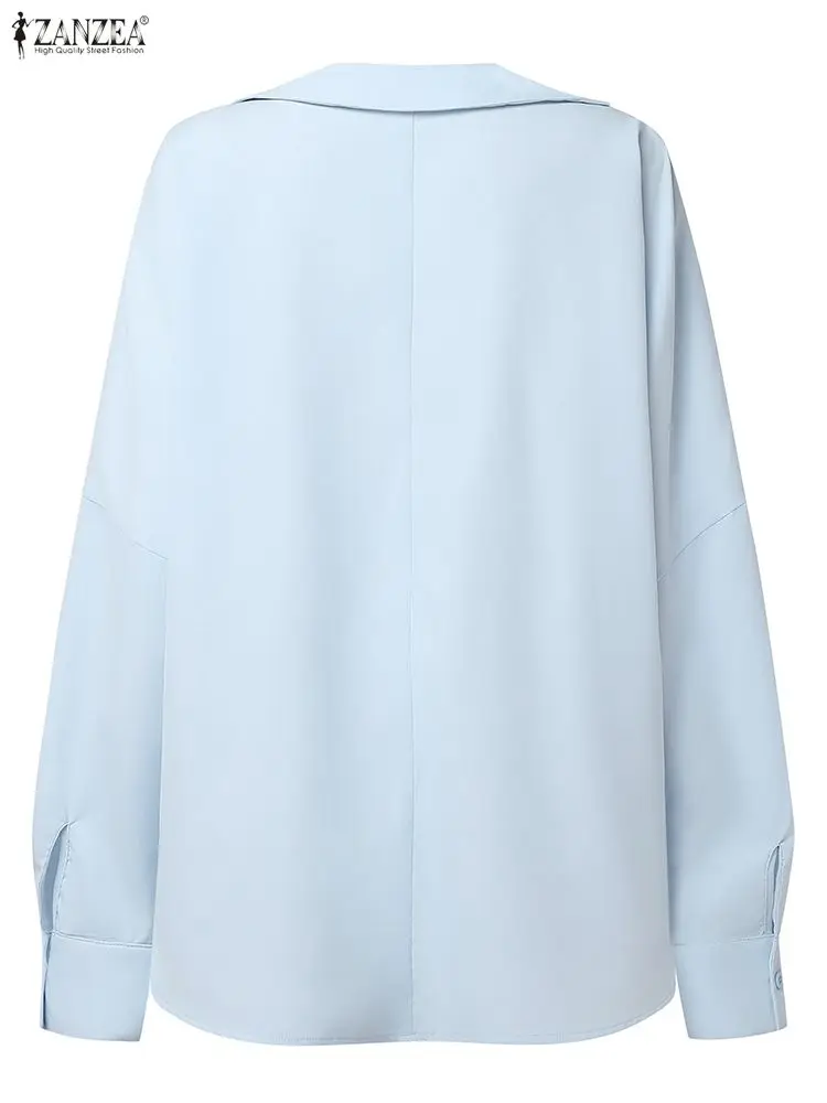 ZANZEA Donna Autunno OL Camicetta da lavoro 2025 Elegante risvolto Collo Manica lunga Top Camicia alta bassa Solido a pieghe Blusas Chemise femminile