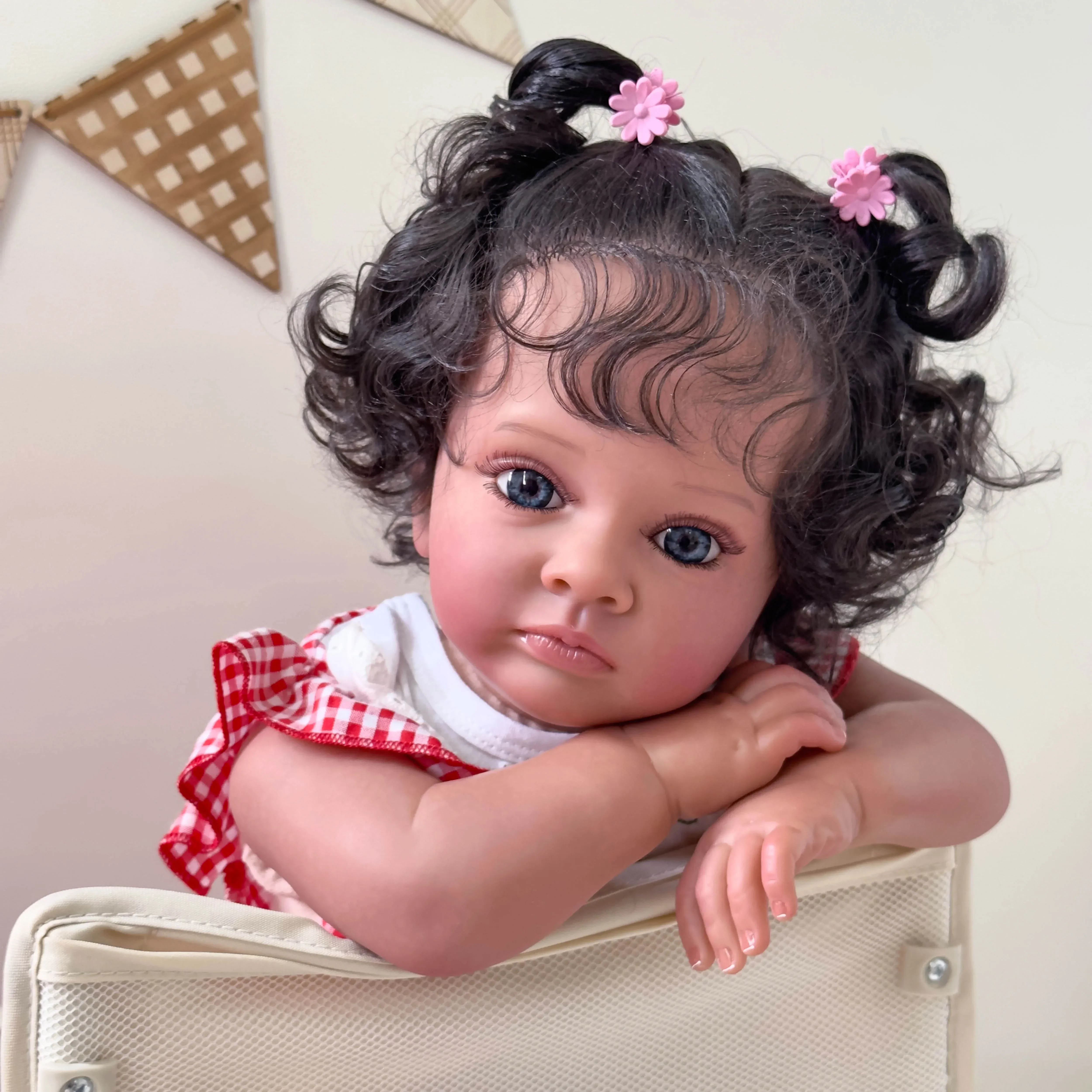 60CM Wearing a strawberry embroidered red and white checkered jumpsuit Dark Skin Curly Hair Reborn Tutti Doll For Gift