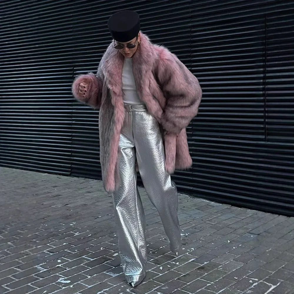 معاطف من الفرو الصناعي الوردي سترات نسائية متوسطة الطول معطف سميك دافئ ملابس الشارع سترات عمل ملابس خارجية غرزة مفتوحة للخريف والشتاء #4