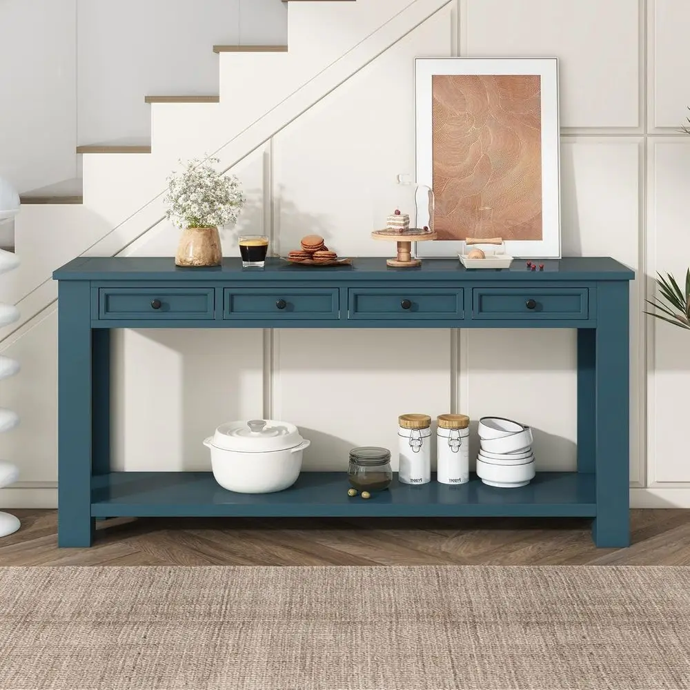 

armhouse ole Table with 4 Der 63" Long Rustic Entryway Table with Open Storage Shelves Vintage Metal Handle Narrow oyer Soa Tabl