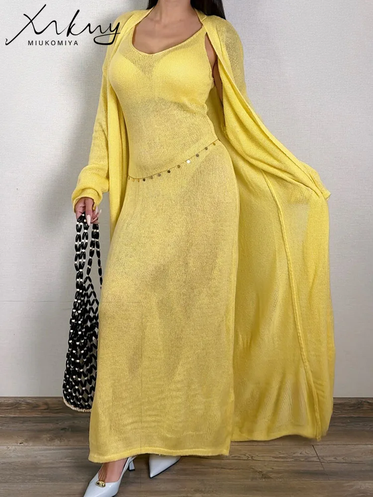 

Summer Knitted Vest Dress And Cardigan Set For Women Elegant Thin Suits Long Cardigan Knitted Sleeveless Dresses Sets Two Pieces