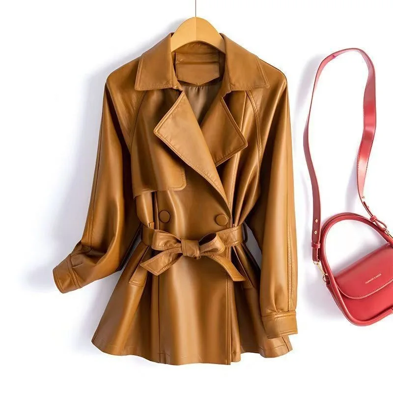 Women's Solid Color Turn-down Collar Double Breasted Belted Waist Mid-length Faux Leather Jacket Slimming All-match Commute Coat