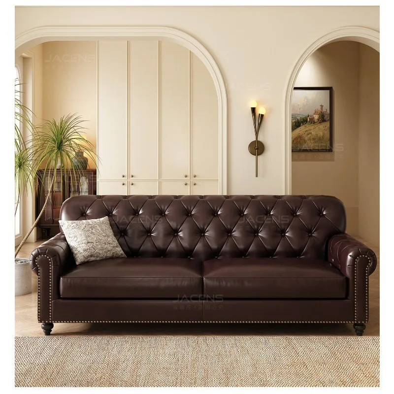 Home American leather sofa three-person straight row sofa French retro knight size apartment sofa