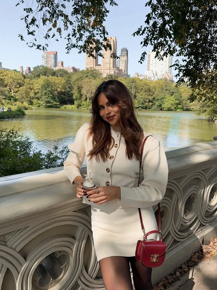 

Women's Knitted Skirts Suit Fashion Solid Round Single Breasted Neck Full Sleeve Slim Tops Mini Skirt Sets Lady Commute Outfits