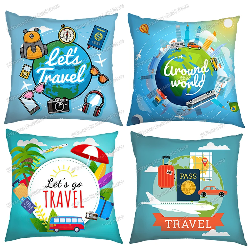 18-32 Inch Travel Vacation Style Print Pillow Case Kawaii Car Go Travel Camping Home Decor Cushion Cover for Living Room