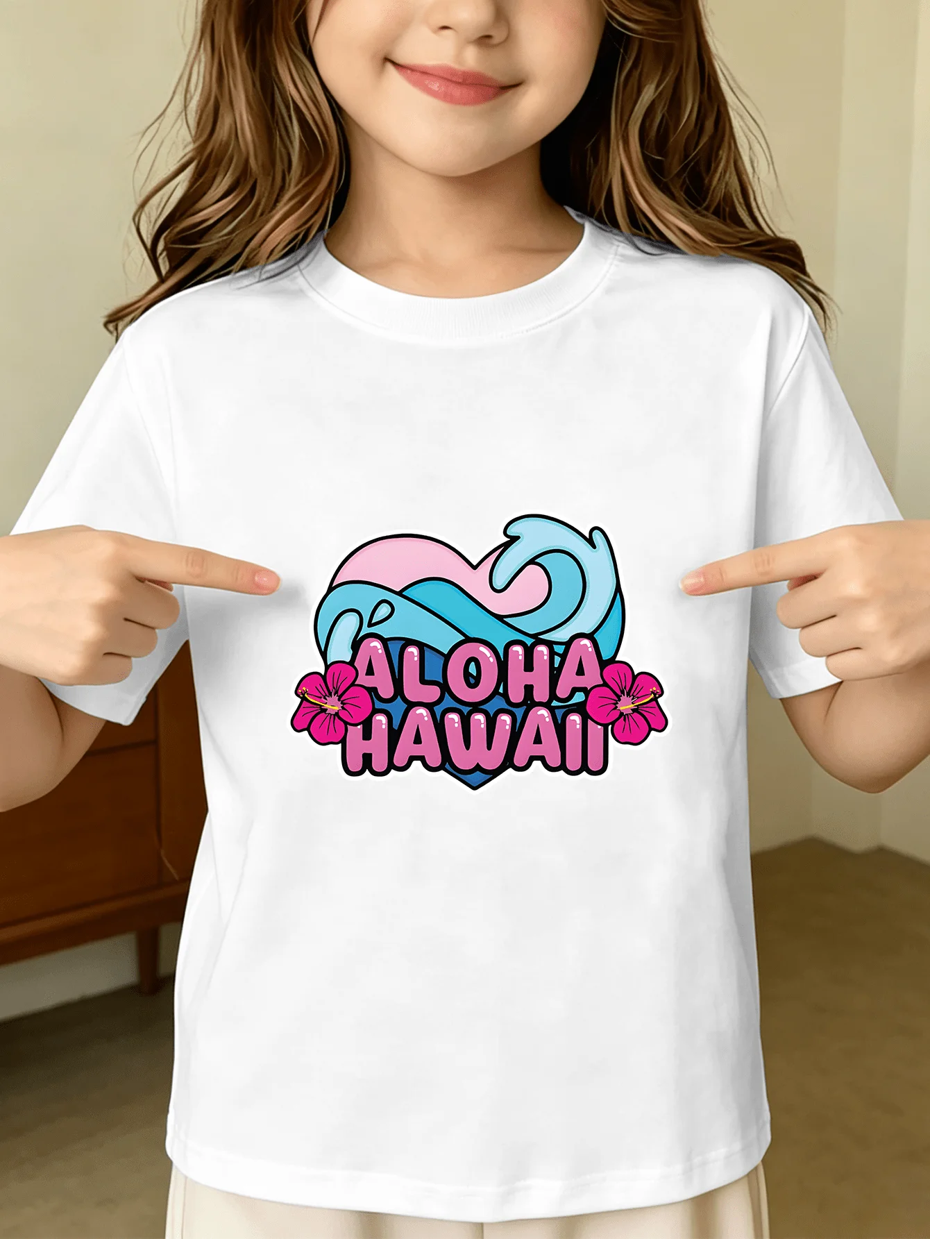 Aloha Hawaii Heart Wave Hibiscus Tropical Graphic Kids T Shirt Boys Girls Family Matching Summer Crew Neck Short Sleeve Tee