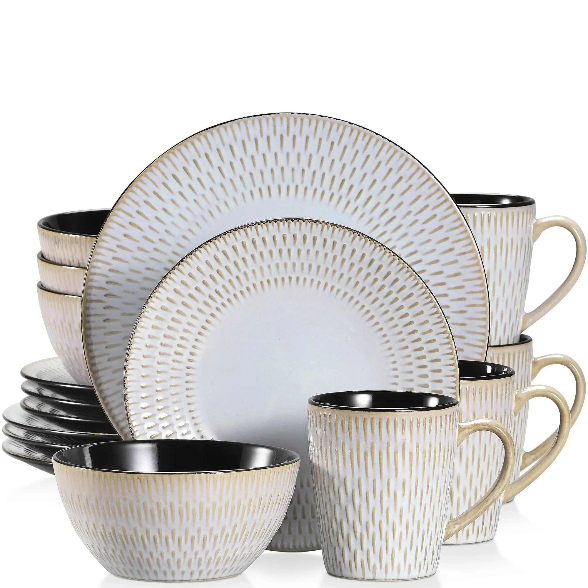 

VANCASSO PLUVO 16/32/48 Piece Grey Embossed Stoneware Tableware Set with Dinner/Dessert Plate/Soup Bowl/Mug Service for 4/8/12