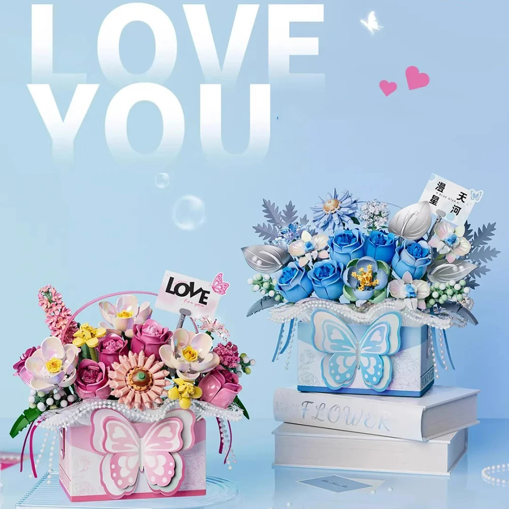Loz Mini Diamond Building Block Kotak Bunga Mawar Krisan Ide Bata Kupu-Kupu Keranjang Mainan Dengan Lampu Untuk Hadiah Anak Perempuan